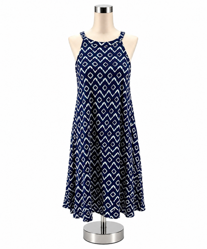 LOFT Ikat Halter Neck Dress Navy Purple White A-Line Keyhole Back Size Large - ONLINE ONLY