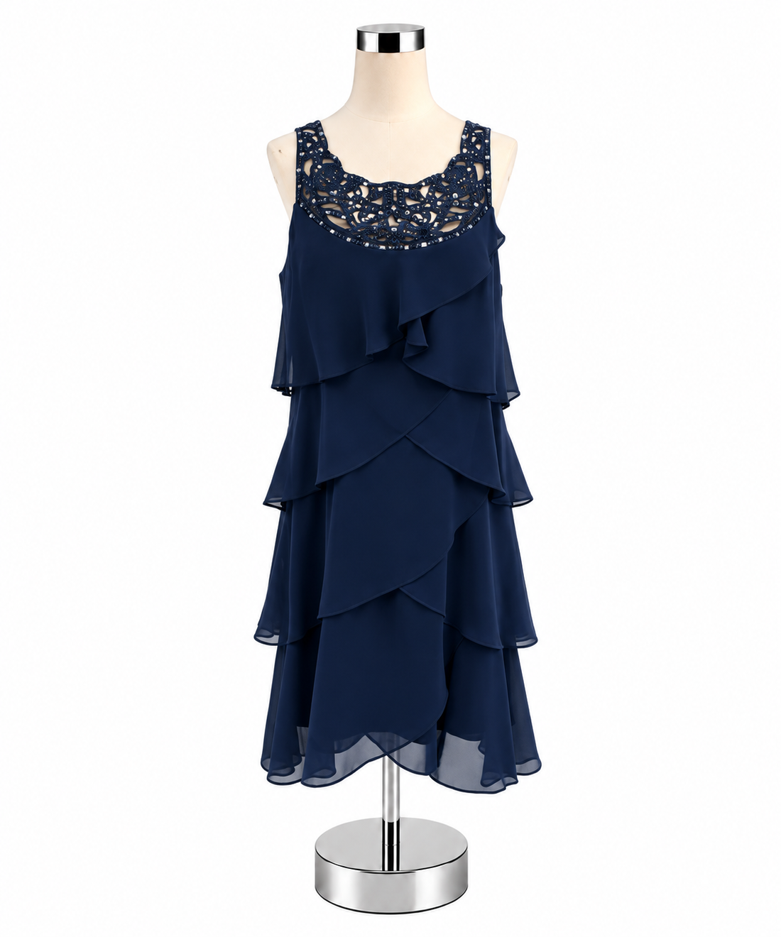 SLNY Tiered Ruffle Chiffon Dress Navy Blue Sequin Laser Cut NWT Size 14 - ONLINE ONLY