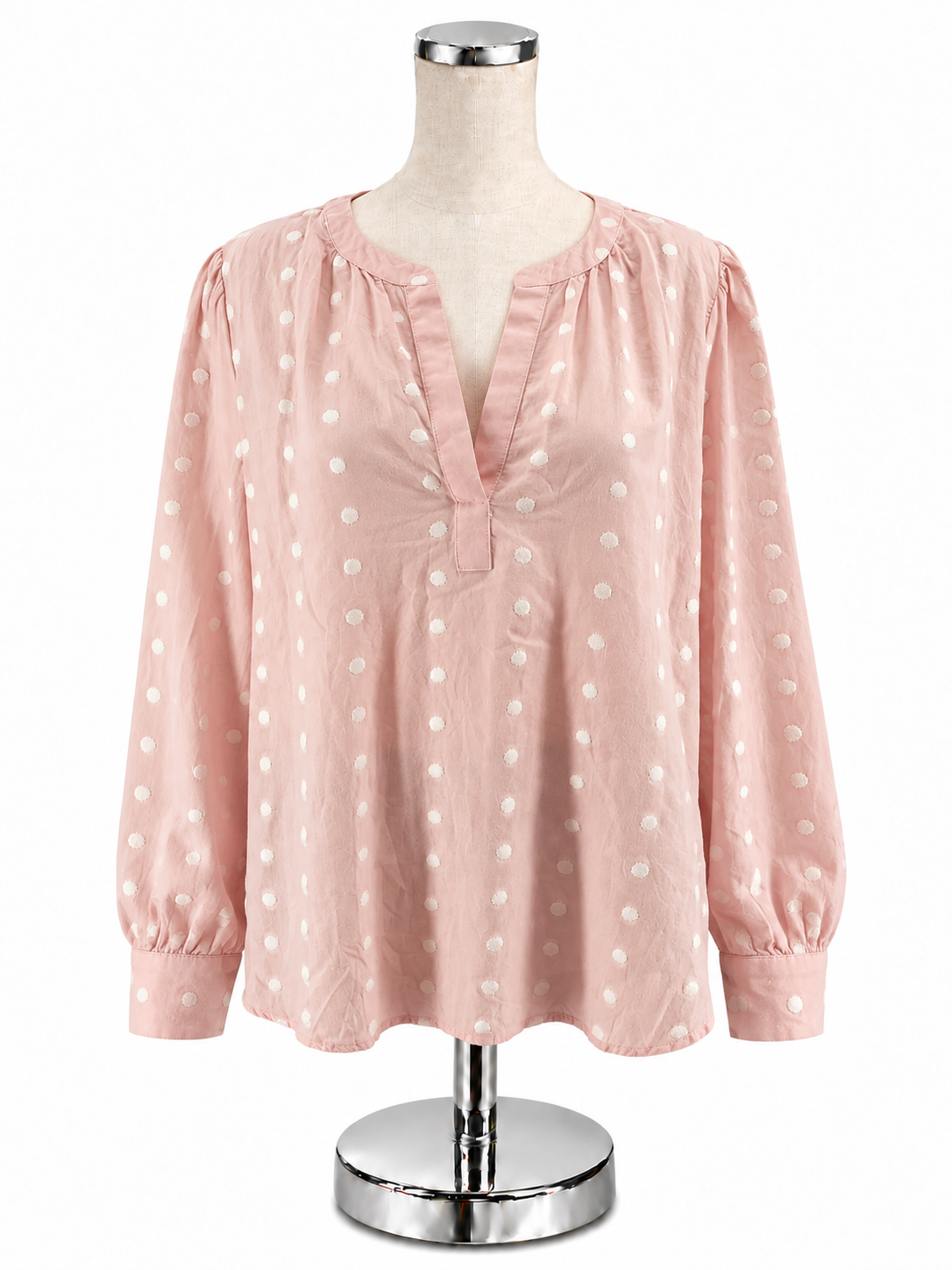 LOFT Pink &amp;amp; White Polka Dot Long Sleeve Blouse - Size Large - ONLINE ONLY