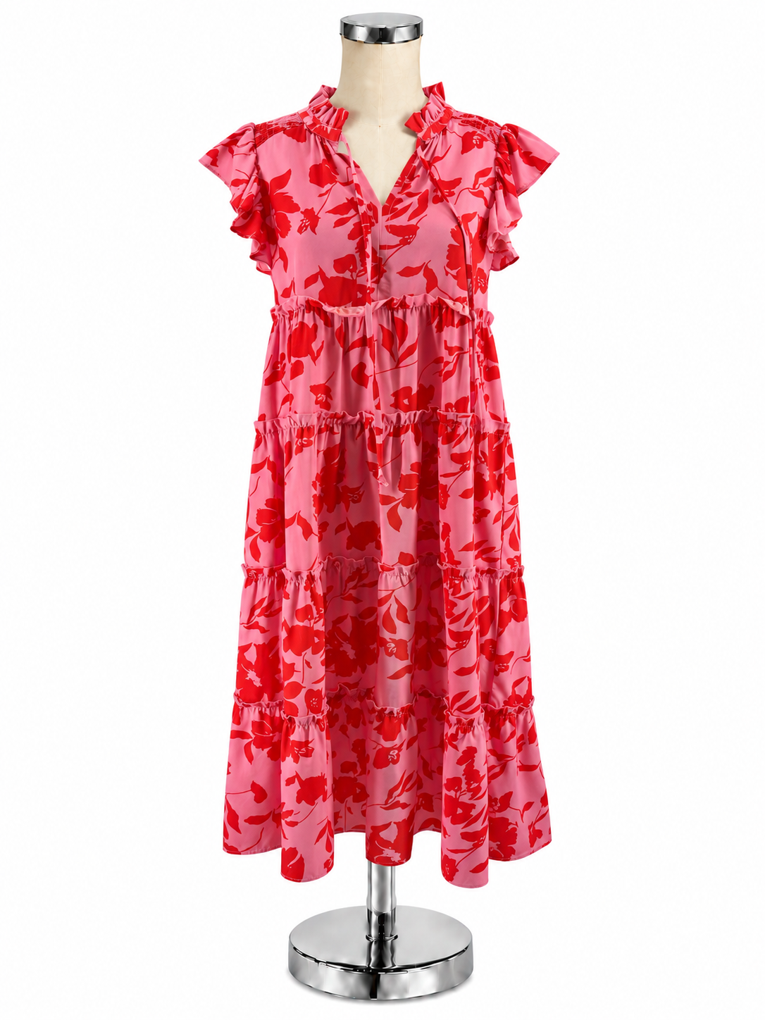 Umgee Pink &amp; Red Floral Ruffle Sleeve Tiered Boho Midi Dress Size Medium - ONLINE ONLY
