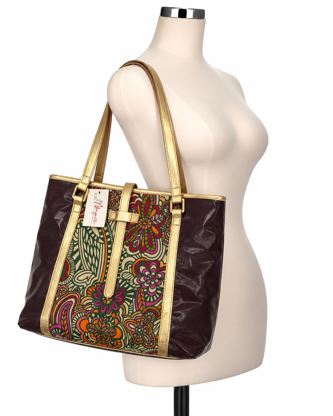 Kate Landry Maroon &amp; Gold Floral Paisley Print Structured Tote Bag - ONLINE ONLY