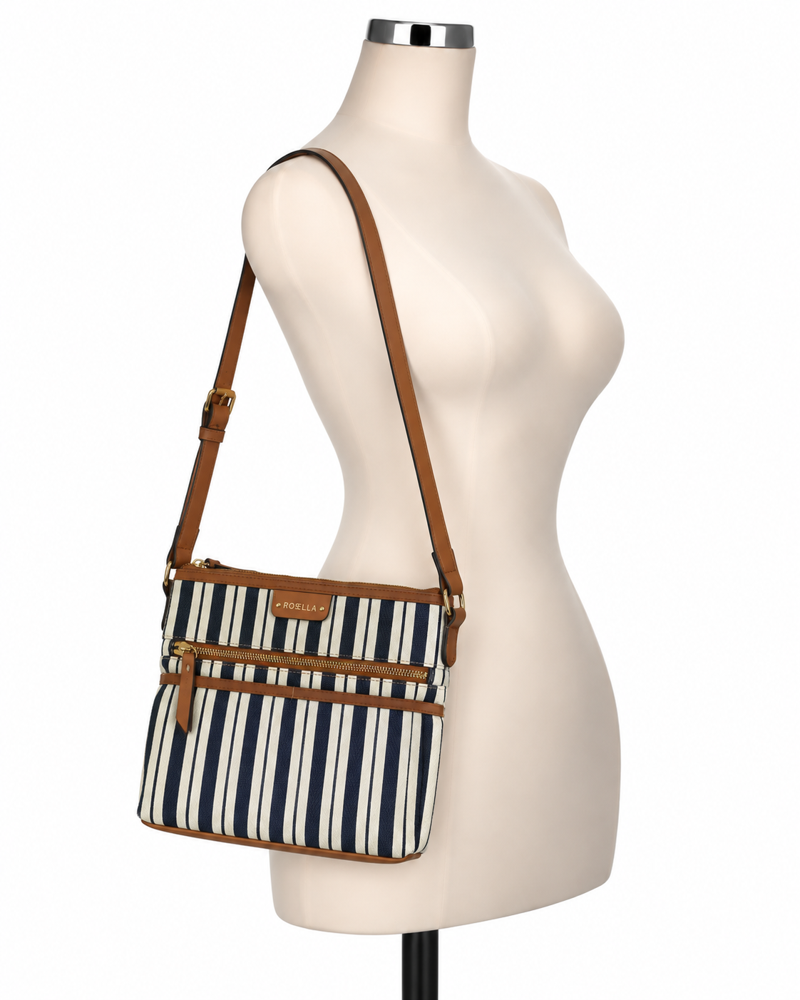 Rosetti White &amp; Navy Striped Crossbody Bag with Tan Trim - ONLINE ONLY
