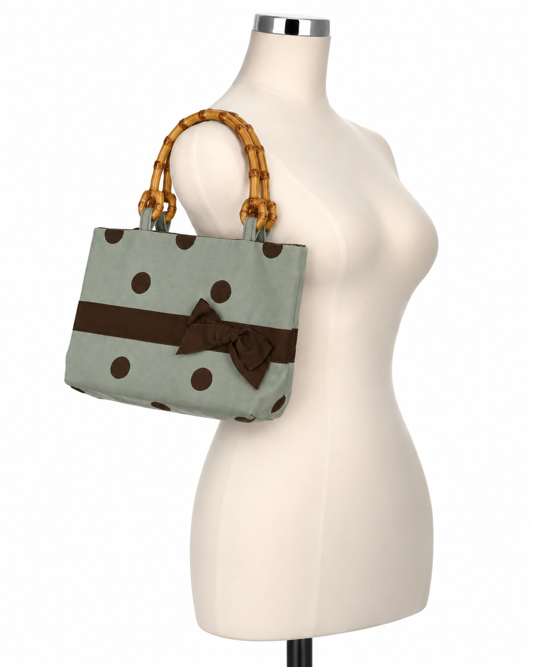 Sage, Brown Polka Dot Bamboo Handle Handbag - ONLINE ONLY