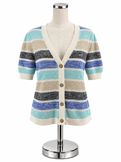 LOFT Striped Puff Sleeve Cotton Sweater Cardigan Size Large - ONLINE ONLY