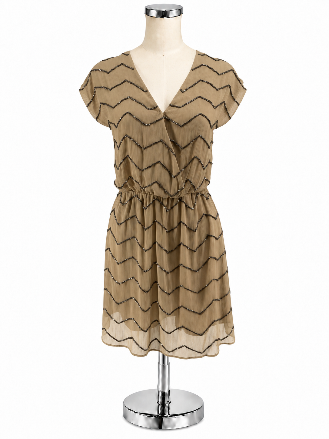 Ranna Gill Tan Chevron Beaded V-Neck Mini Dress Size Petite XS