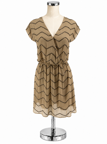 Ranna Gill Tan Chevron Beaded V-Neck Mini Dress Size Petite XS