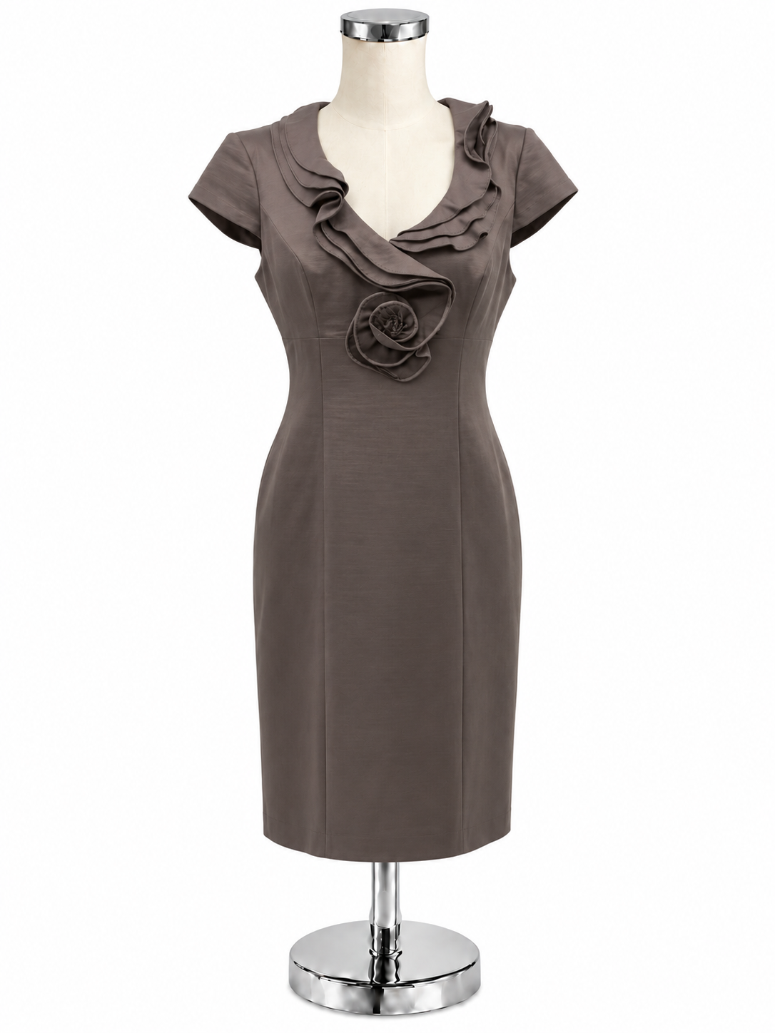 Adrianna Papell Ruffle Rosette Sheath Dress Taupe Shimmer NWT Size 8 - ONLINE ONLY