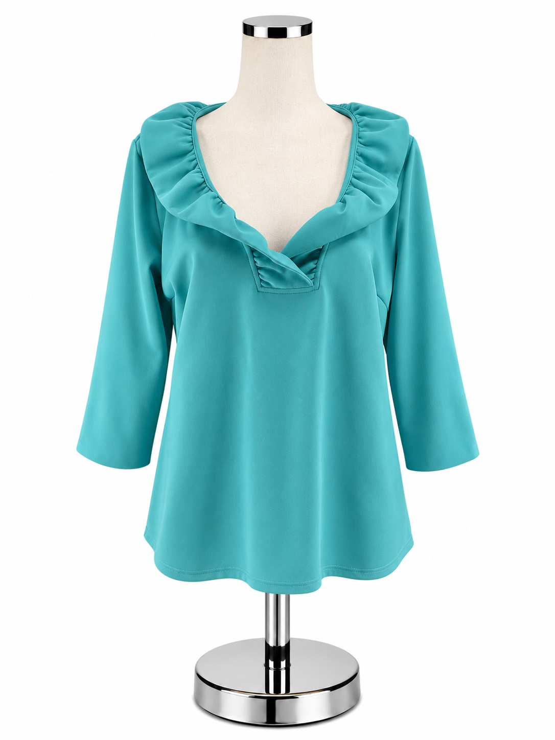 Gretchen Scott Turquoise Solid Ruffled V-Neck Tunic Top - Size XL- ONLINE ONLY