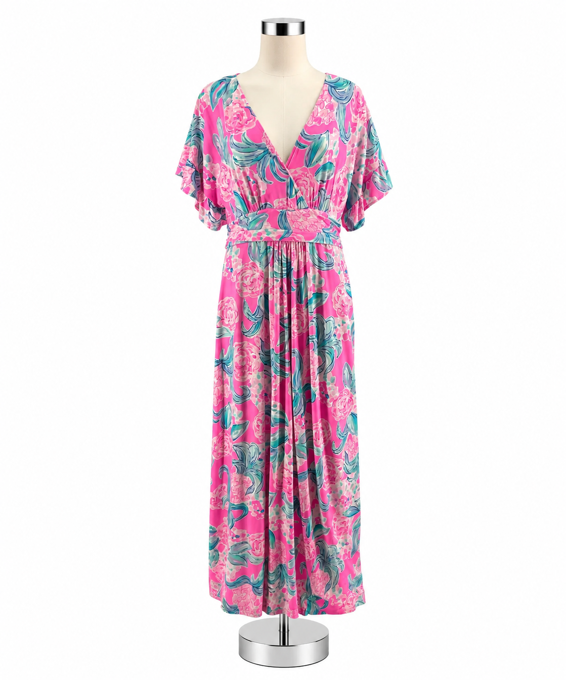 Lilly Pulitzer Pre-Owned Tropical Floral Flutter Sleeve Maxi Dress Size XL - Pink, Blue, White - ONLINE ONLY