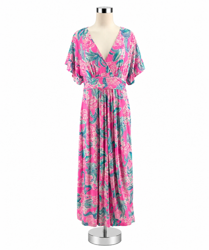 Lilly Pulitzer Pre-Owned Tropical Floral Flutter Sleeve Maxi Dress Size XL - Pink, Blue, White - ONLINE ONLY