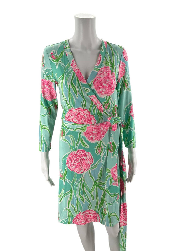 Front view of Lilly Pulitzer Dress Size Medium featuring vibrant floral print and tie waist, available at Margaret's Fine Consignments.
