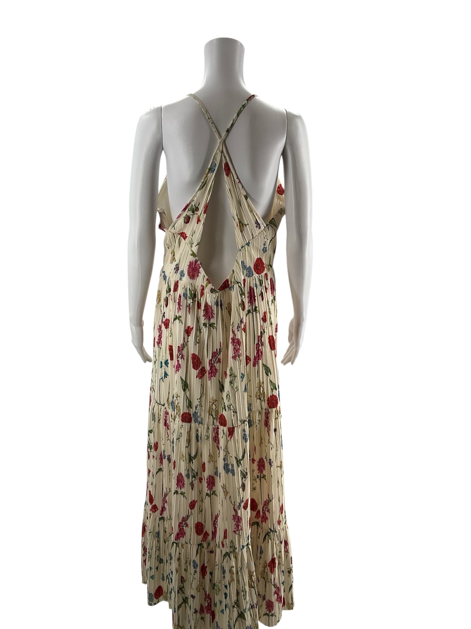 H&amp;M cream floral maxi dress with pleated tiered skirt, halter neck, and open back, size large for ladies.
