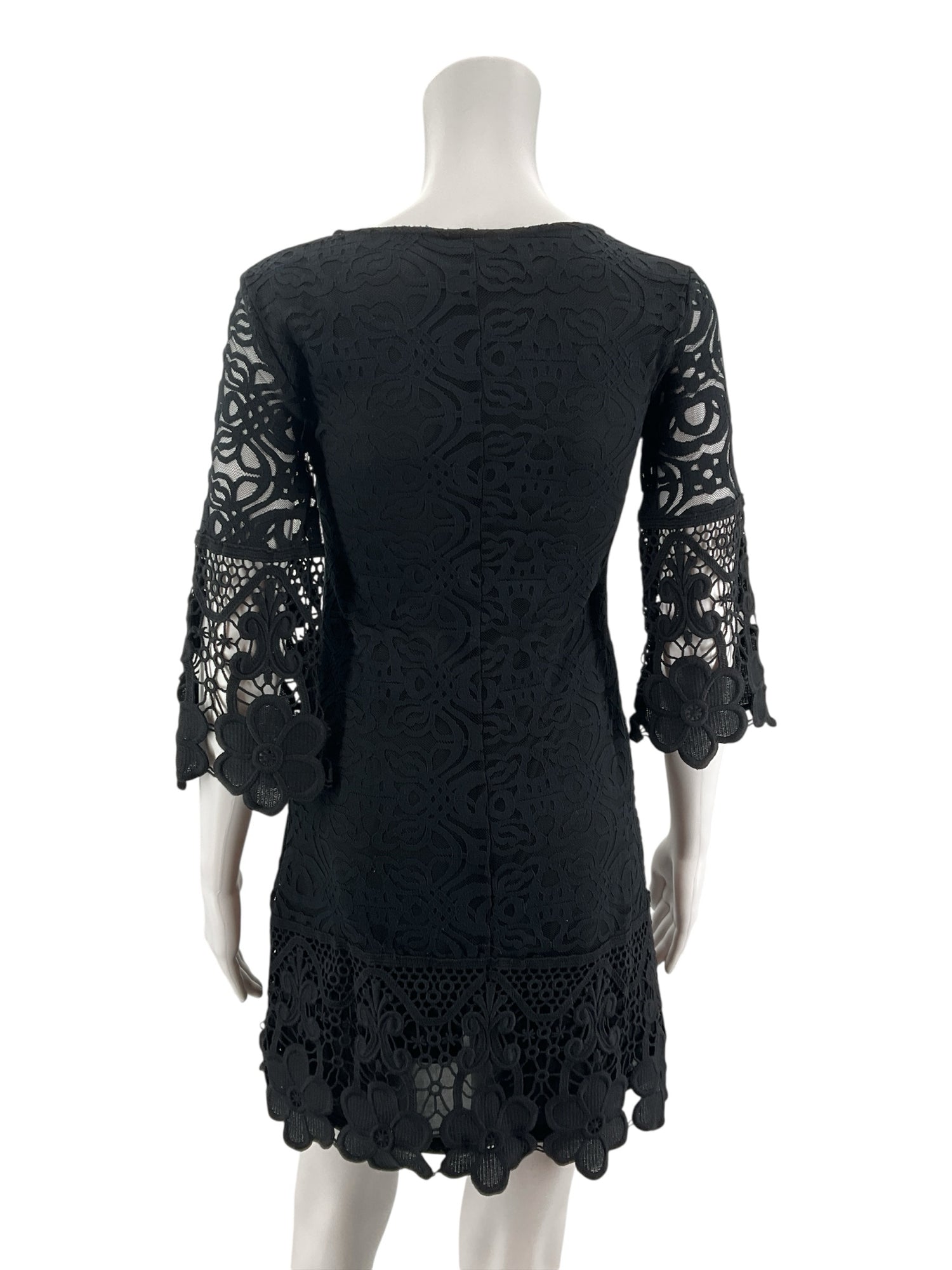 Alfani Petite Black Crochet Lace Bell Sleeve Tiered Mini Dress PP