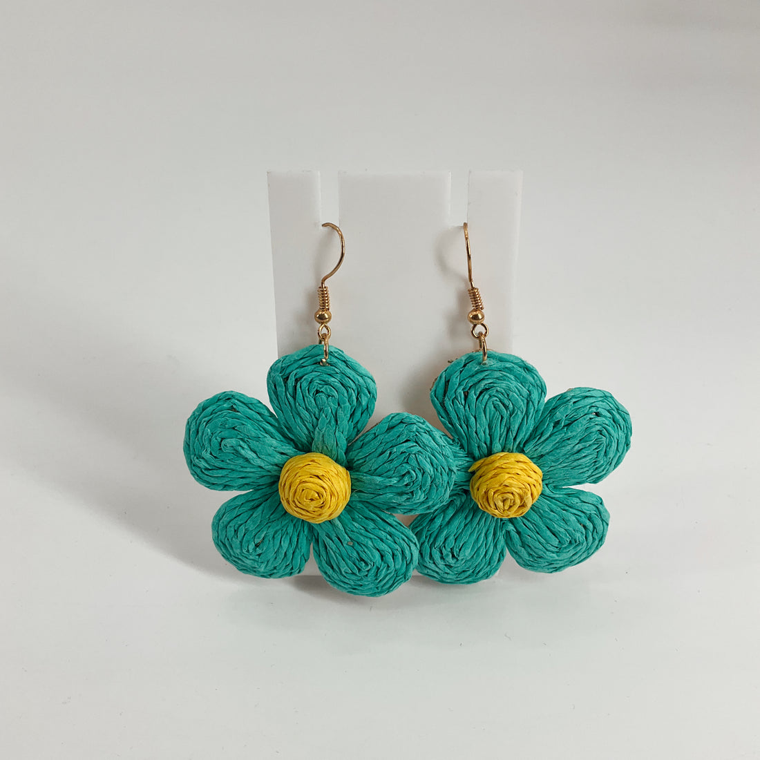 Handcrafted Teal &amp; Yellow Raffia Flower Drop Earrings | Boho Daisy Jewelry