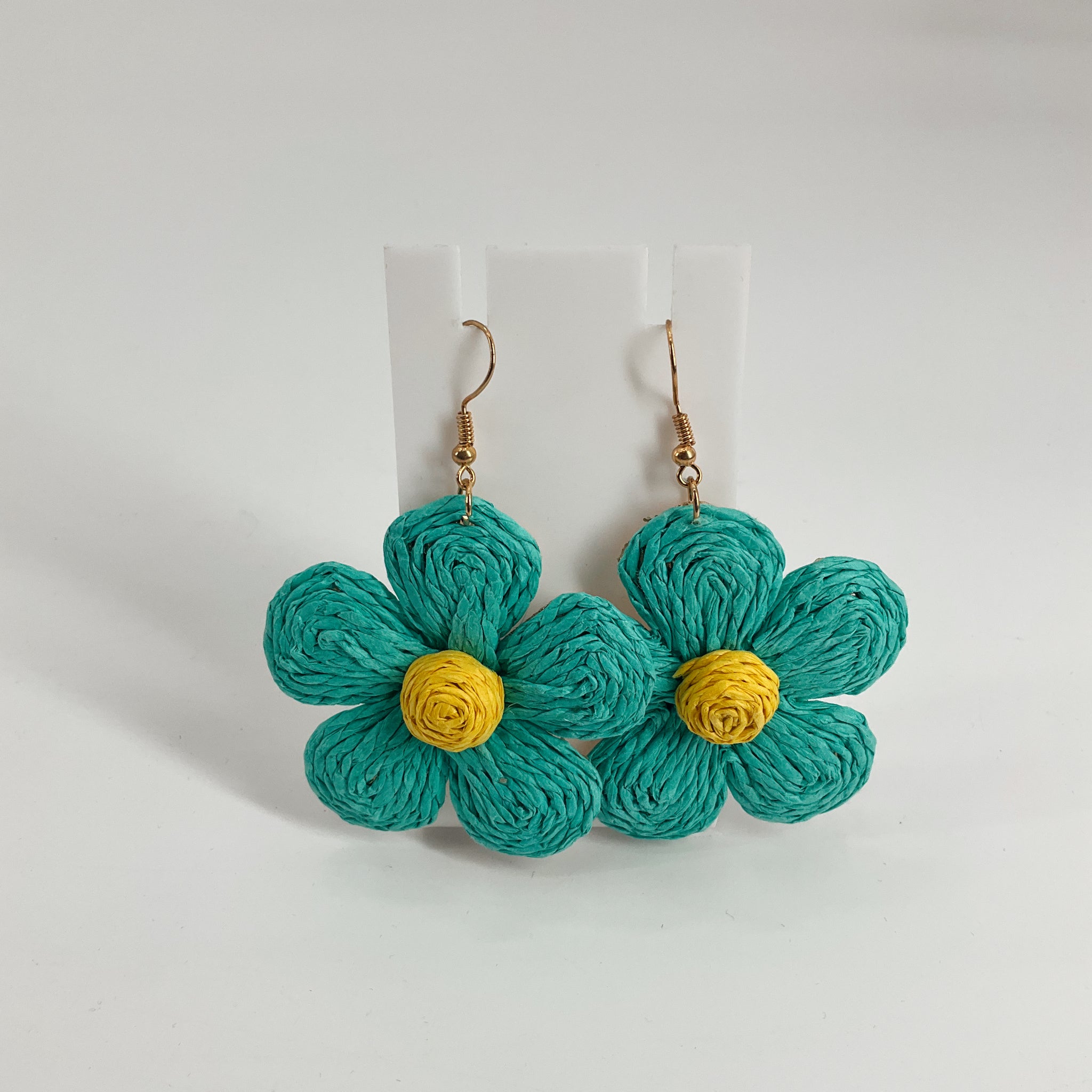 Handcrafted Teal &amp; Yellow Raffia Flower Drop Earrings | Boho Daisy Jewelry