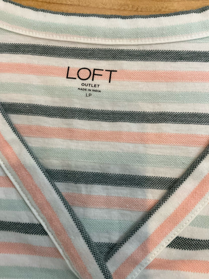 LOFT Outlet Striped Button-Front Top V-Neck Cap Sleeve Blouse Size Large Petite LP