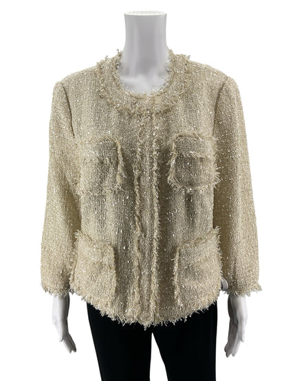 MICHAEL Michael Kors Fringe-Trim Metallic Tweed Jacket Cream Size 14 NWT