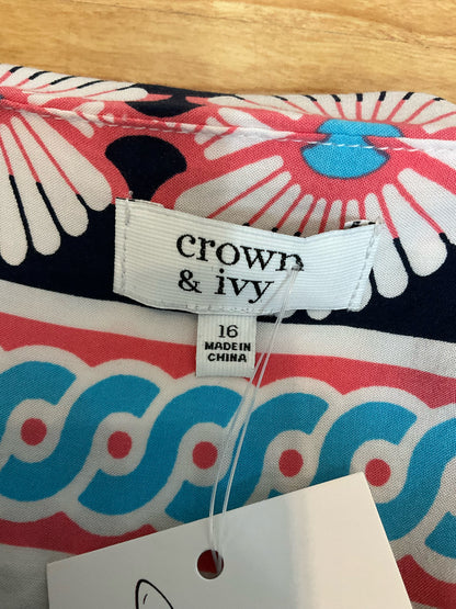 Crown &amp;amp; Ivy Dress Size 16 White Aqua Pink Tribal Print Sleeveless Shift