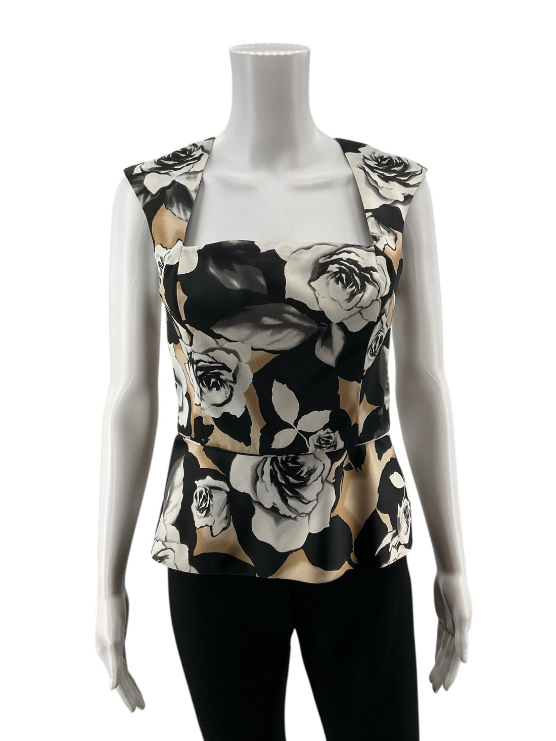 White House Black Market White/Black/Tan Floral Ladies Casual Top - Size 0