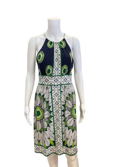 London Times Size 6 Navy/Green/White Print Pre-Owned Ladies Dress