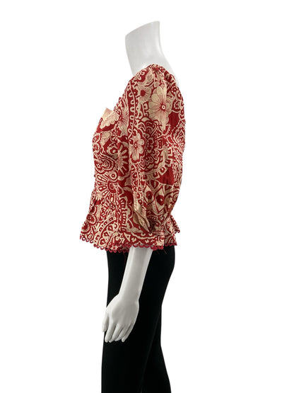 &amp; Merci Red &amp; Cream Floral Paisley Bandana Print Peplum Top Size Medium
