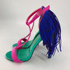 Privelage Pink/Teal/Blue Fringe Heel in Size 7.5 with bold ankle strap and vibrant fringe detail, pre-owned dress shoe for women.