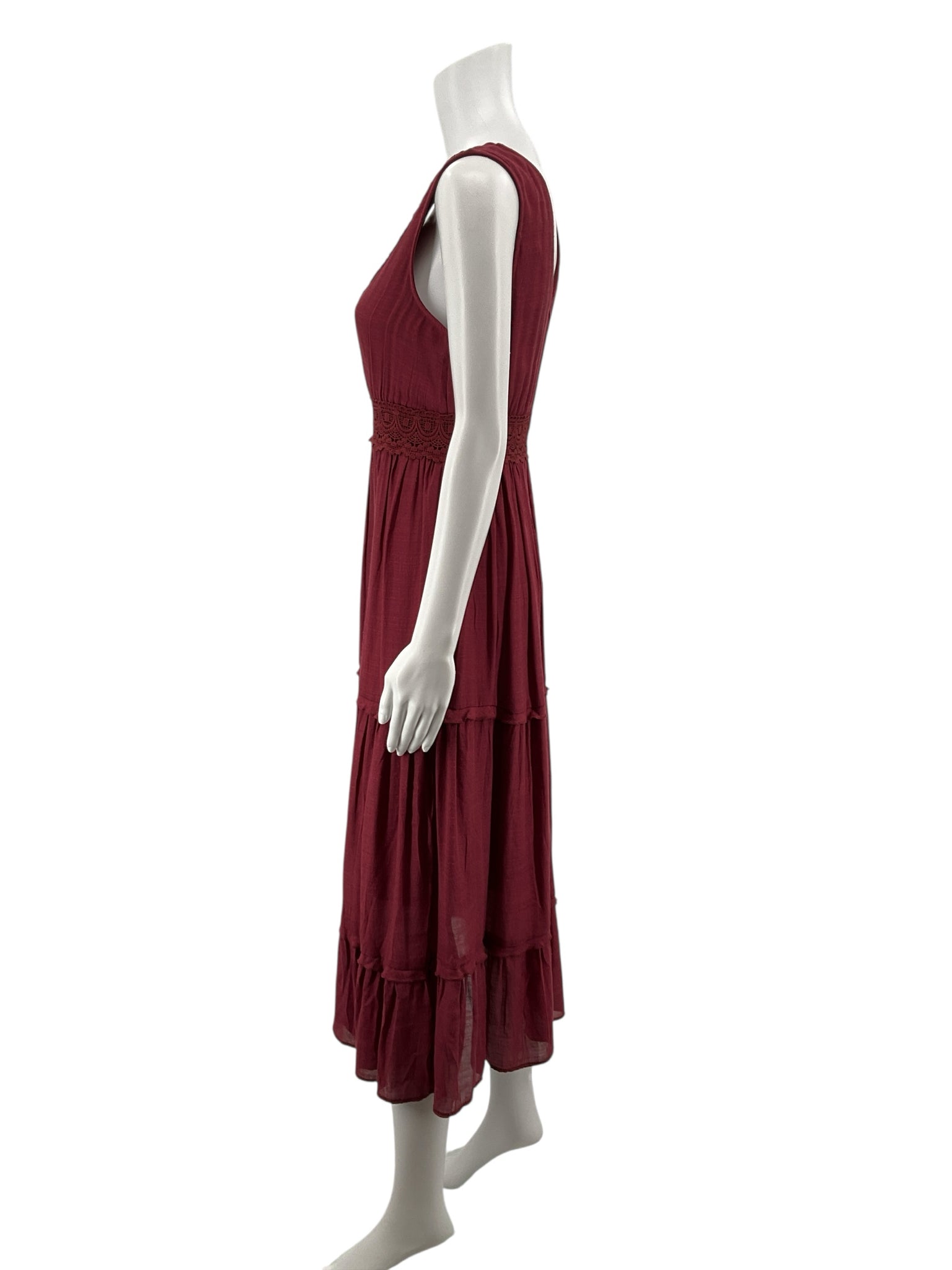 Rebellion Dream maroon Midi Maroon Lace Tiered Boho Maxi Dress Size Medium - Size M