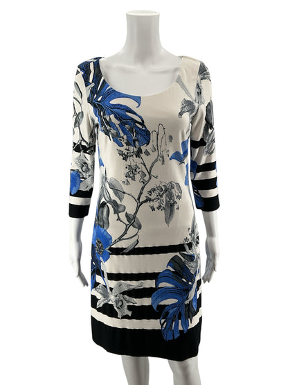 Cartise Floral &amp; Stripe 3/4 Sleeve Shift Dress Blue White Black Size 4