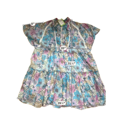 Karlie Floral Smocked Tiered Mini Dress Blue Purple Ruffle Tie Neck Size Large