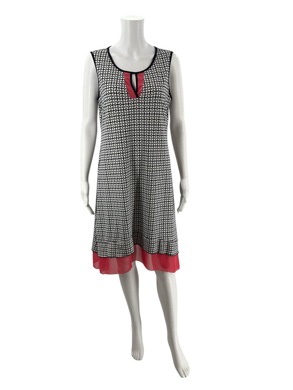 Front view of Perception Concept Navy/White Print Pre-Owned Ladies Dress - Size Medium on mannequin, featuring scoop neck and geometric pebble print.