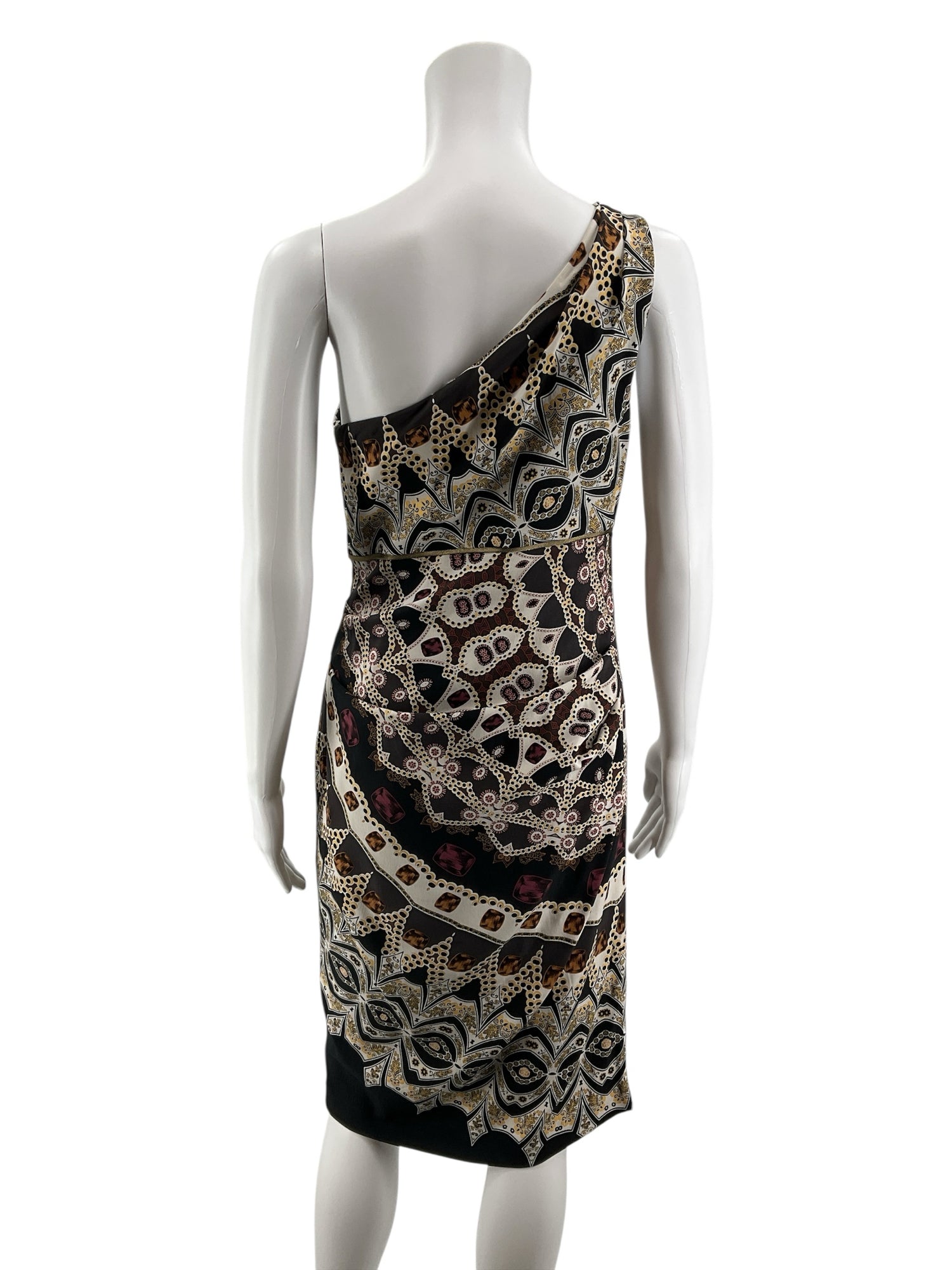 Nicole Miller Silk One Shoulder Ruched Bodycon Dress Size 8 | Baroque Chain Print
