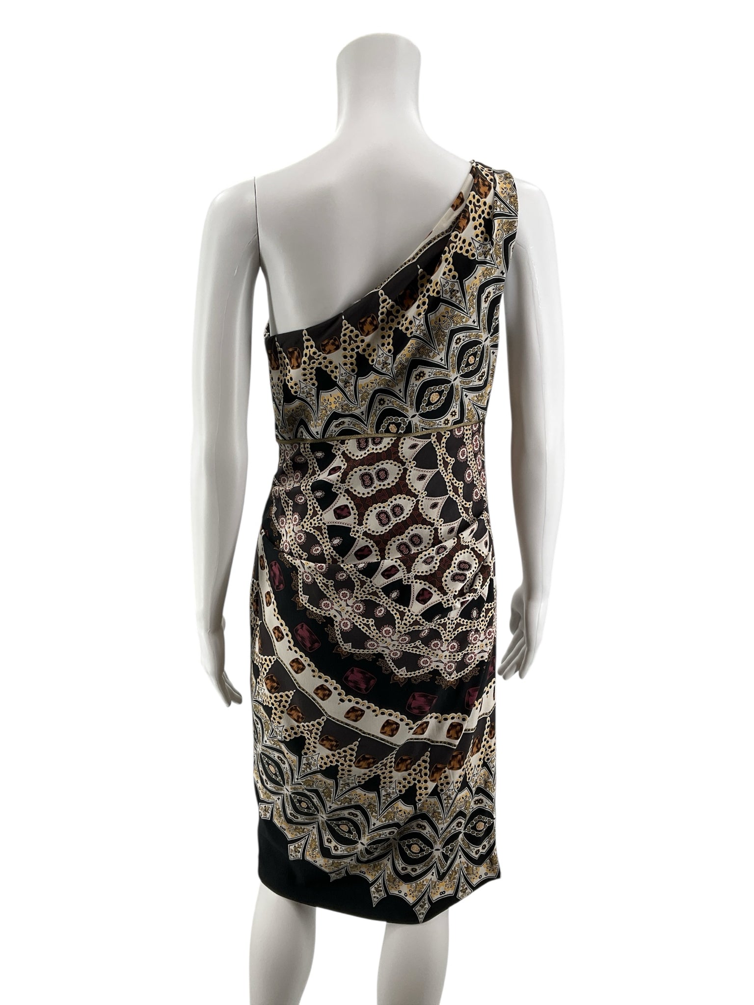 Nicole Miller Silk One Shoulder Ruched Bodycon Dress Size 8 | Baroque Chain Print