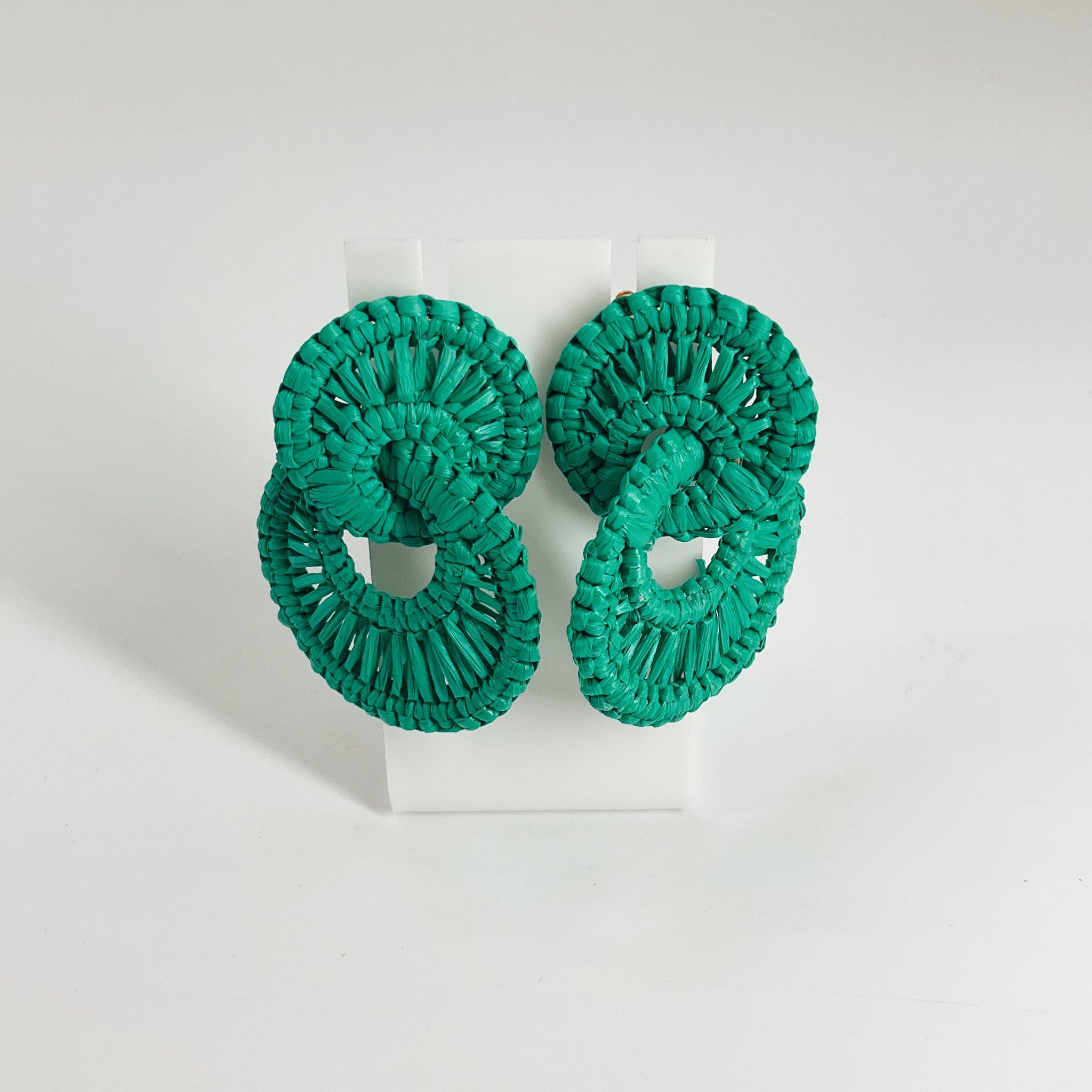 Boho Green Raffia Triple Circle Drop Earrings | Lightweight Statement Jewelry