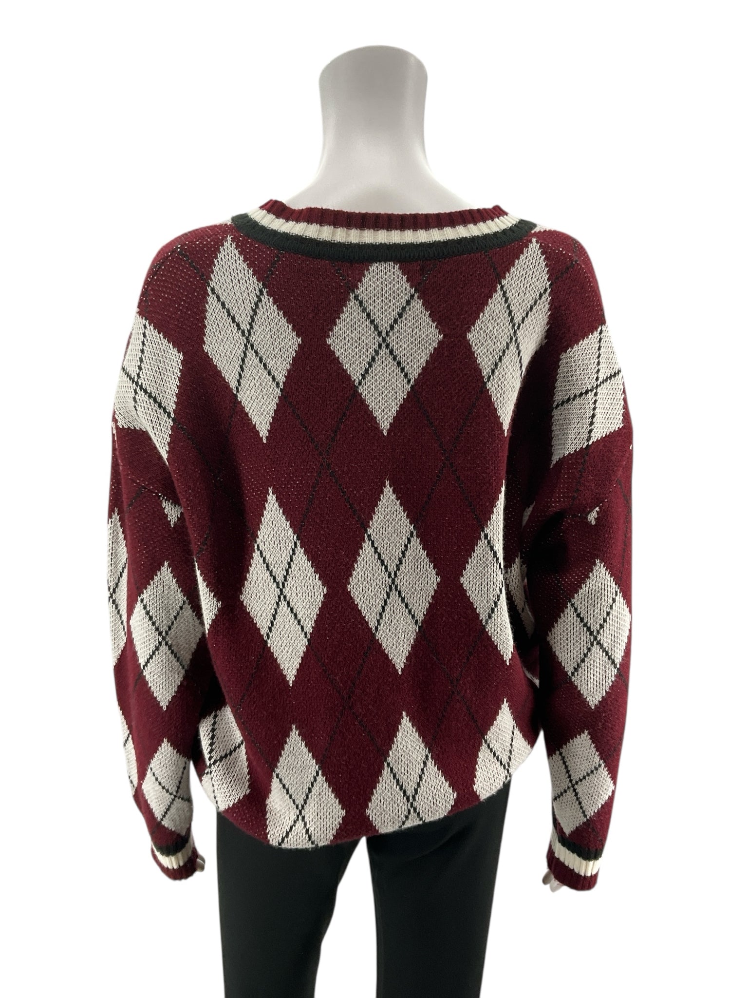 Dazy Argyle V-Neck Sweater Maroon Cream Preppy Collegiate Knit Pullover Medium