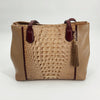 Brahmin Tan Crocodile Handbag with textured leather center panel, burgundy handles, and tassel charm. New with tags, pre-owned luxury purse.
