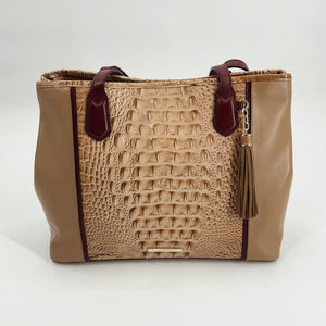 Brahmin Tan Crocodile Handbag with textured leather center panel, burgundy handles, and tassel charm. New with tags, pre-owned luxury purse.