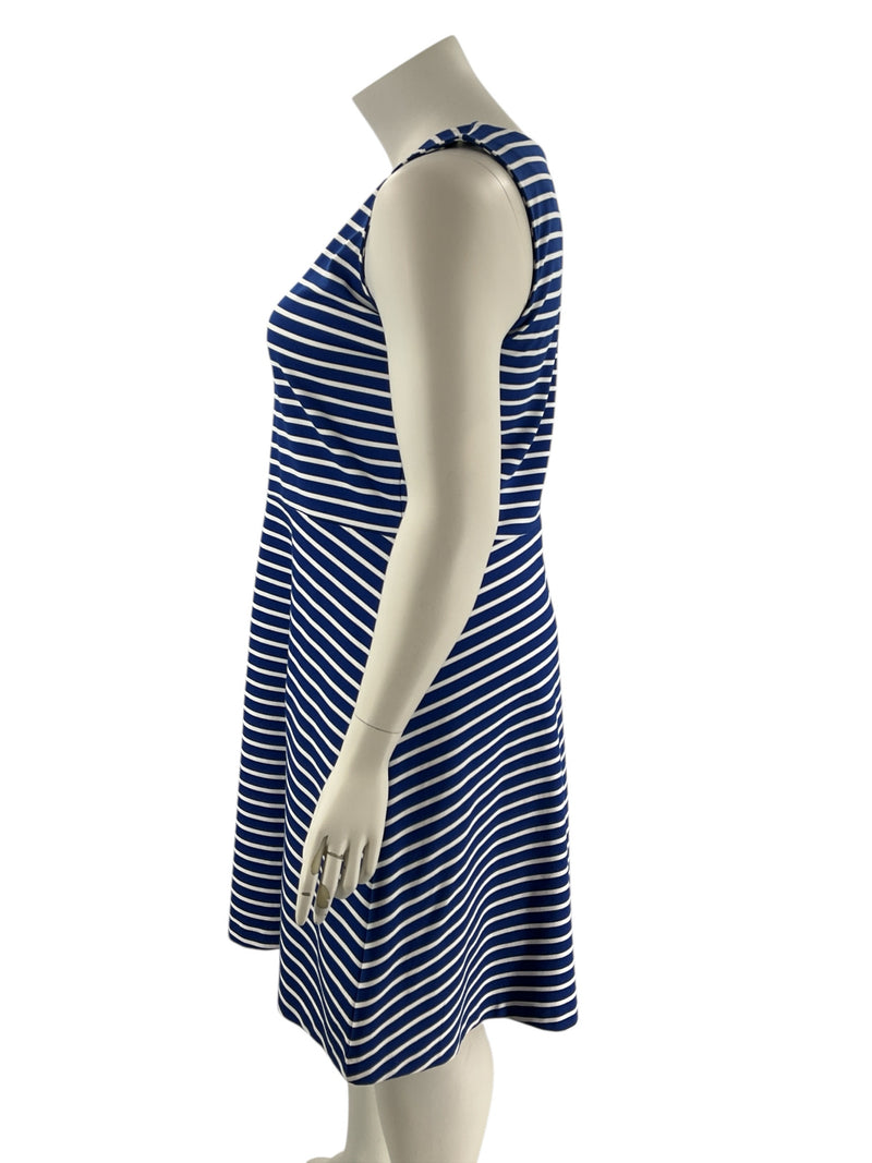 Side profile of Talbots Blue/White Stripe Dress - Size 1X; showcases flowy silhouette and comfortable sleeveless cut.