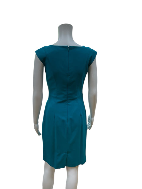 Back view of Calvin Klein teal sheath dress, size 2, showing zip closure and tailored fit for a sleek, professional look.