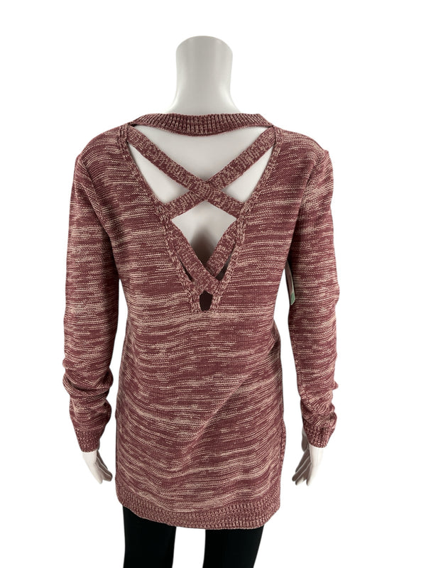 Back view of Madison Lilly mauve sweater featuring stylish crisscross open-back design, size small, new with tags.