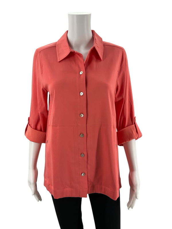 Front view of Soft Surroundings Coral Metro Shirt, size XS, featuring button-up closure, tab sleeves, and pintuck details in a soft Tencel blend fabric.
