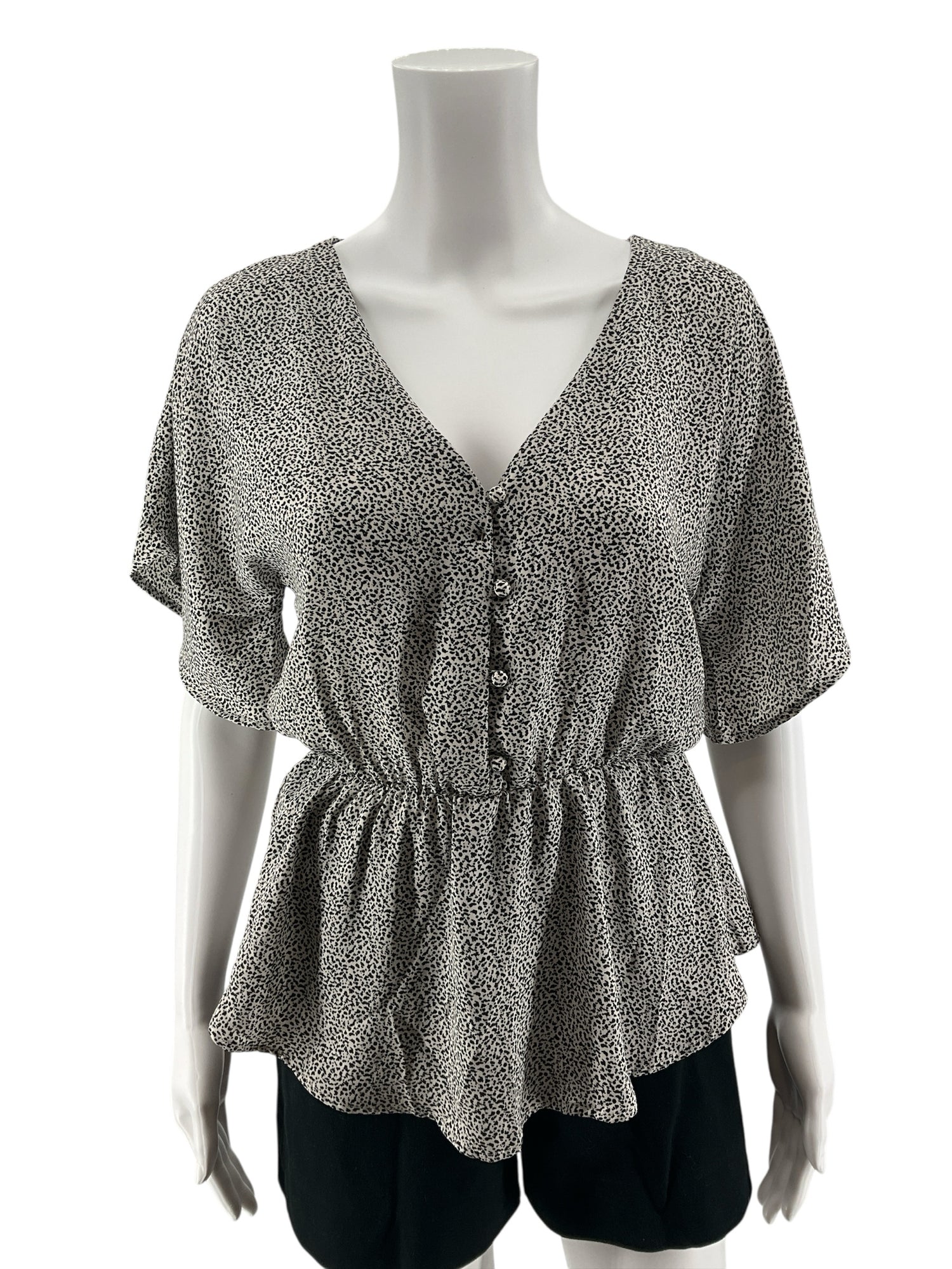 Sienna Sky Dotted Print Peplum Blouse White Black Short Sleeve Top Size Small