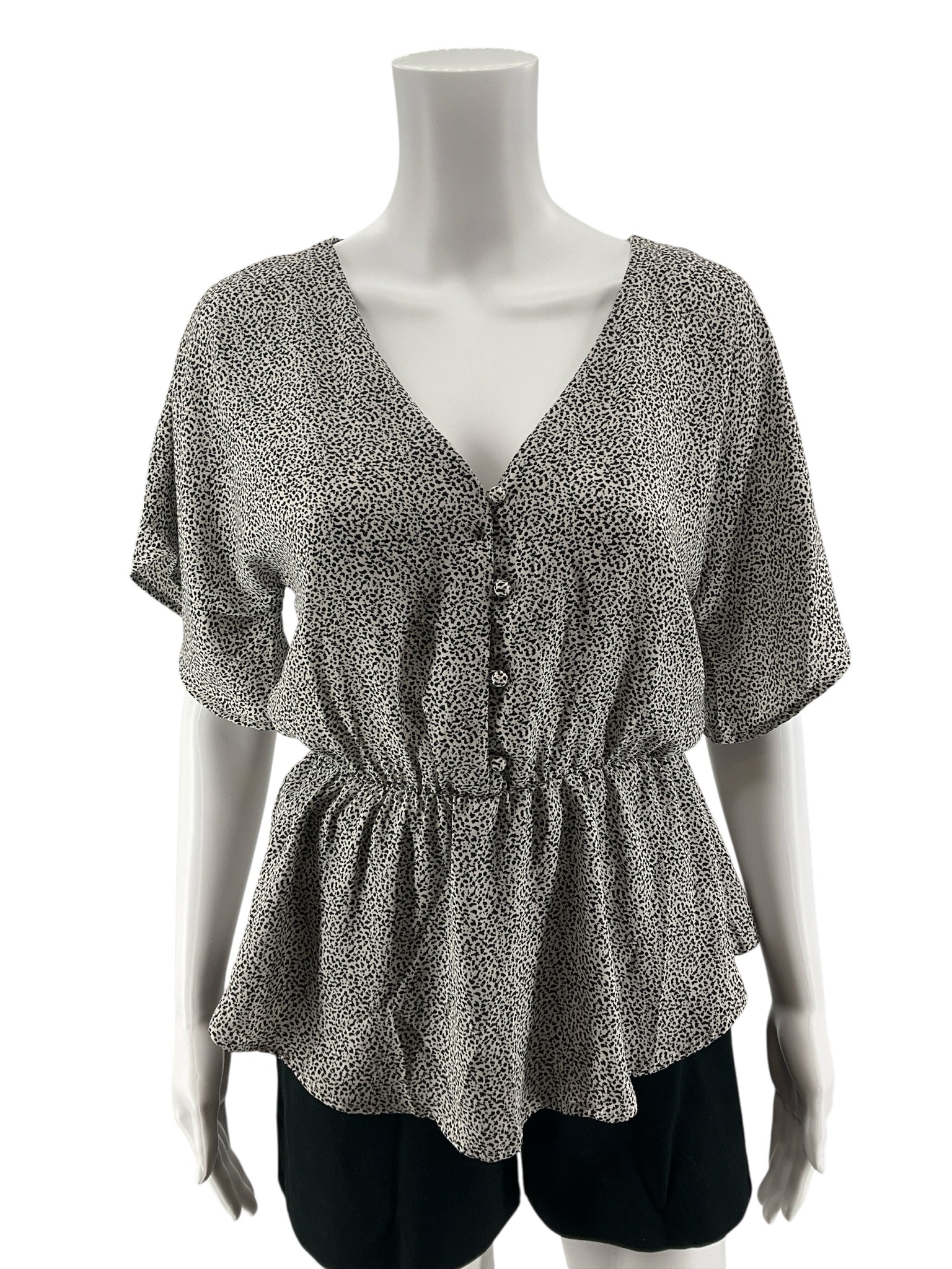 Sienna Sky Dotted Print Peplum Blouse White Black Short Sleeve Top Size Small