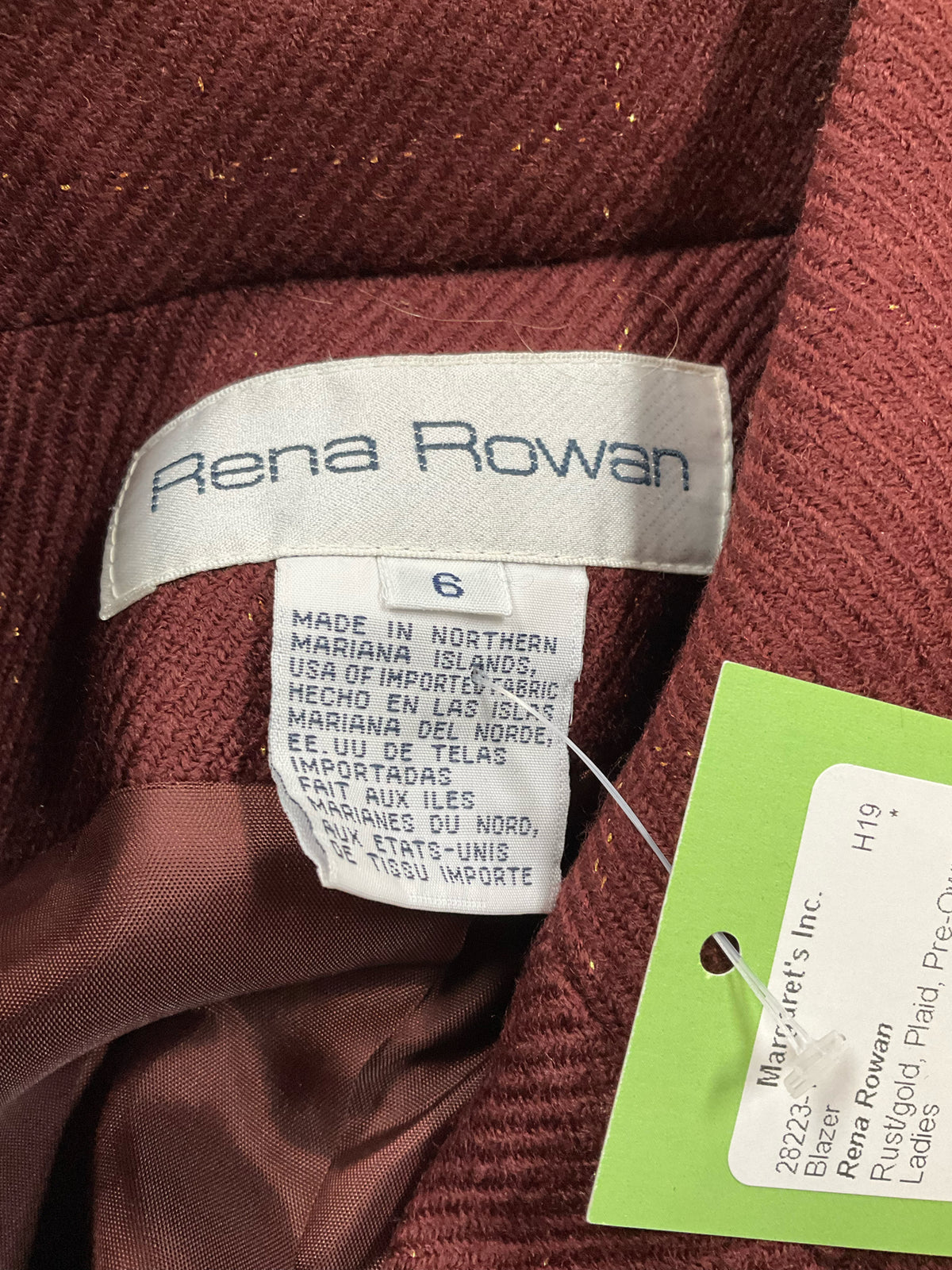 Rena Rowan Vintage Wool Plaid Blazer Jacket Size 6 Rust Gold Metallic