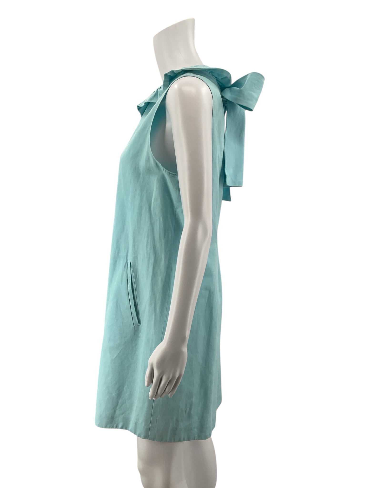 Tyler Boe Ruffle Neck Bow Back Linen Blend Shift Dress Size S Aqua