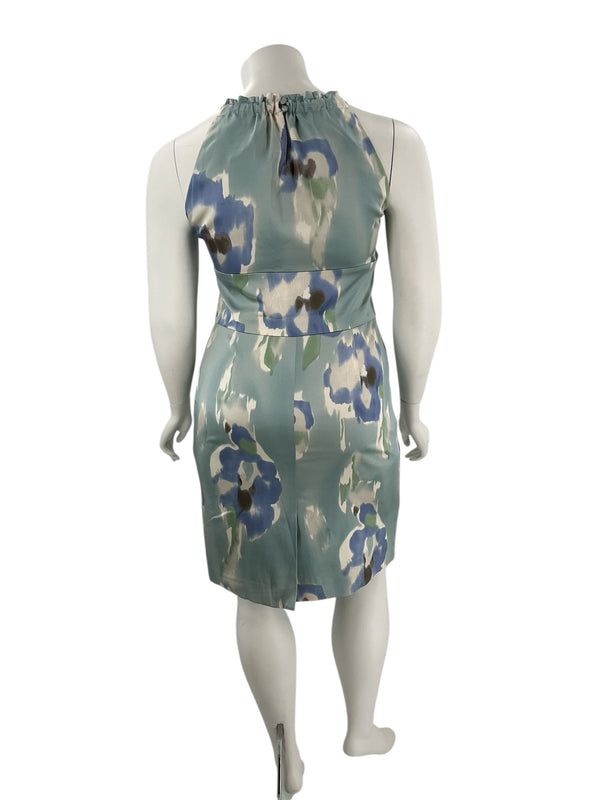 Back view of Ann Taylor sleeveless multicolor dress, size 14, with keyhole closure and tailored fit in green, blue, and white floral pattern.