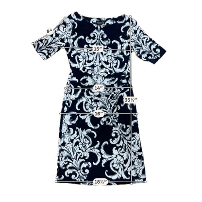 Connected Apparel Margaret Ruched Sheath Dress Navy Baroque Print Size 8