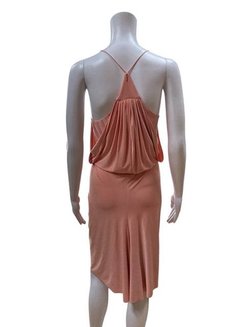 Back view of MISA Mini Dress Size Medium in peach with racerback style and draped fabric, offered at Margaret’s Fine Consignments.