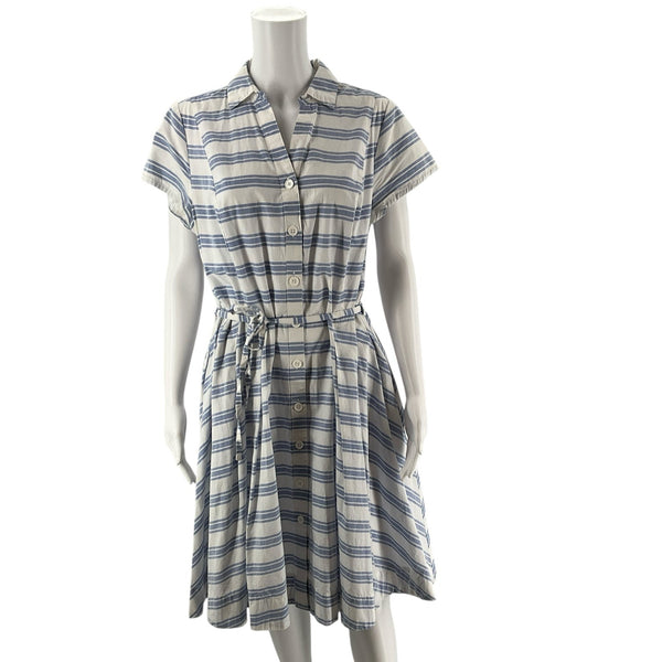 Ellos White/Baby Blue Stripe Pre-Owned Ladies Dress - Size Medium - Margaret’s Fine Consignment