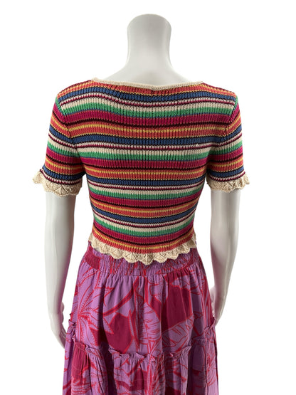 Romeo &amp; Juliet Couture Rainbow Striped Knit Crop Top Scallop Trim Size Medium