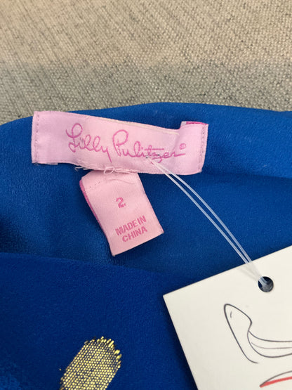 Lilly Pulitzer Marci One Shoulder Silk Dress Royal Blue Gold Metallic Size 2